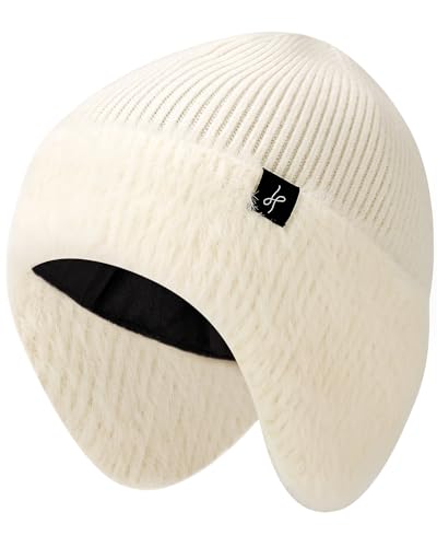HAMUNI Winter Fleece-Lined Beanie with Earflaps, Warm Windproof Unisex Beanie Hat for Skiing, Hiking & Outdoor Winter Sports - color: Oatmeal
