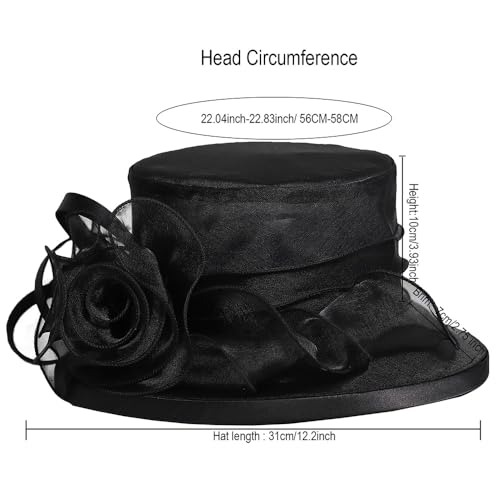 Kentucky Organza Wide Brim Sun Hat, Summer Derby Hat for Tea Party, Wide Brim Bowler Cap - color: Black