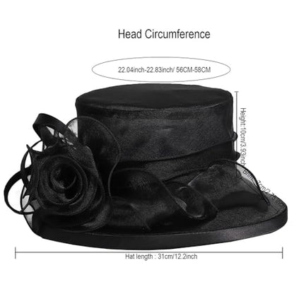 Kentucky Organza Wide Brim Sun Hat, Summer Derby Hat for Tea Party, Wide Brim Bowler Cap - color: Black