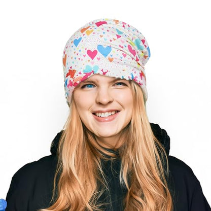 Jemis Sweet Heartwarming Breast Cancer Beanie Hat, Romantic Knitted Hat, Cancer Headwear Caps Baggy Skull Sleep Scarf - color: 2 Pack White & Pink