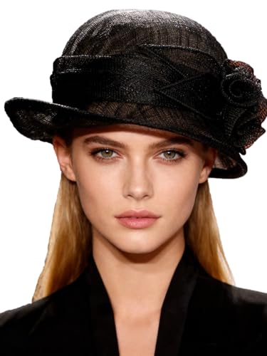 HIMESPORT Retro Sinamay Veil Flower Bride Wedding Fascinator Hat Feather Bowler Hat Hair Accessory Banquet Cocktail Party - color: Black