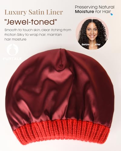 FURTALK Winter Beanie Hat for Women Satin Lined Cable Knit Chunky Slouchy Beanies Skull Warm Cap - color: Red