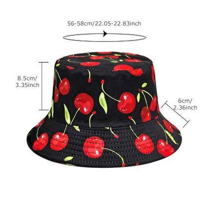 Printed Bucket Hat - Reversible Packable Summer Travel Beach Sun Cap for Men Women Teens - color: Black Red Cherry