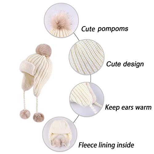Baby Winter Hat for Girls Toddler Ear Flap Pom Pom Beanies Infant Knit Hat with Fleece Lined - color: Three Goals-white, size: 1-2T