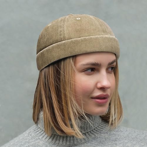 Initlove Docker Hat for Men Vintage Brimless Sailor Hat Beanie Cap - color: Khaki + Navy