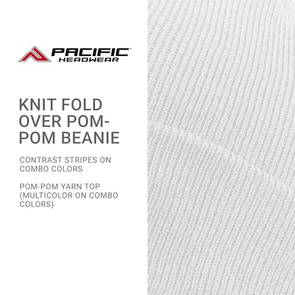 Pacific Headwear Unisex Adult Pacific Headwear Knit Fold Over Pom-pom Beanie - color: White, size: One Size
