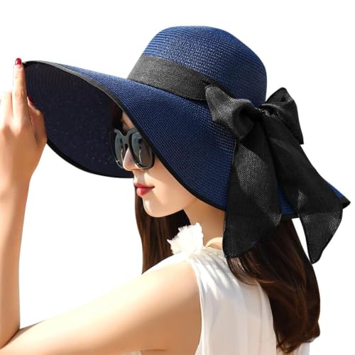 AQOKKA Beach Hats for Women Men Big Straw Wide Brim Summer Hat Floppy Foldable Roll up Cap for Beach Outdoor UPF 50+ - color: 1 Pack: Bow Knot Navy a
