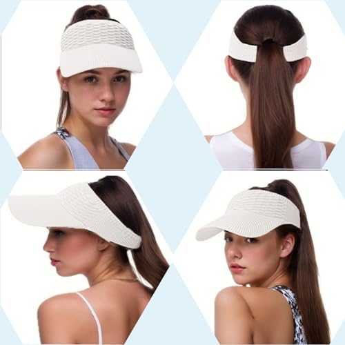 Sun Visor Hats, Wide Brim Sun Hats with UV Protection, Knitted Running Visors for Women - Ponytail Friendly, Quick Drying - color: White