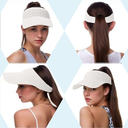 Sun Visor Hats, Wide Brim Sun Hats with UV Protection, Knitted Running Visors for Women - Ponytail Friendly, Quick Drying - color: White