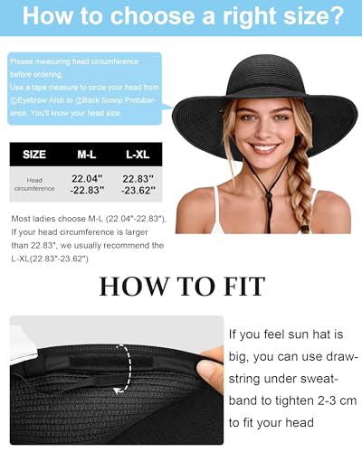 Sun Hats for Women, Summer Wide Brim Straw Beach Hat - color: Black, size: Large