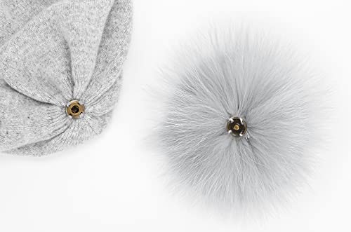 Women's Double Layer Winter Slouchy Knit Beanie Hat with Real Fur Pom Pom - color: Grey Pom 1