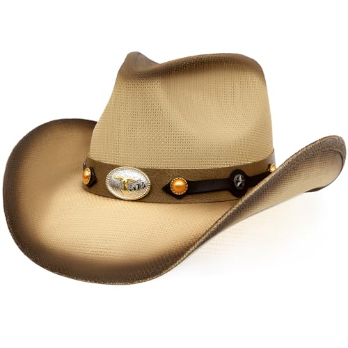 WQWOVRVO Cowboy Hat,Cowgirl Hat,Western Cowboy Hats for Women/Mens/Straw Wide with Shapeable Brim Cowboy Hat for Womens - color: Beige & Coffee Color B