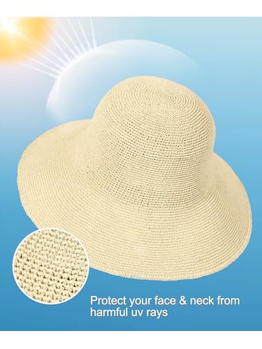 Womens Sun Hat Handmade Foldable Straw Bucket Hat Summer Crochet Travel Cap - color: Beige, size: Medium