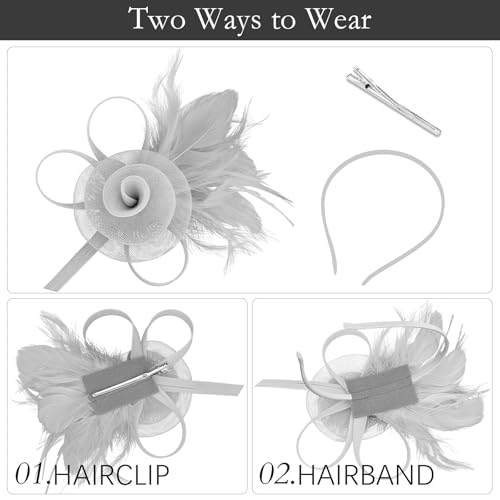 AMCAMI Fascinators Hats with Feather for Women 2026 Derby Hats Small Tea Party Hat with Headband - color: Gray