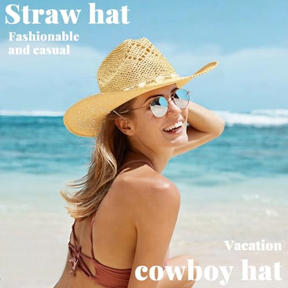 Men's Women's Straw Cowboy Hat, Western Cowgirl Hat, Wide Brim Hollow Out Sun Beach Hat with Three Decorative Bands - color: Pale Yellow