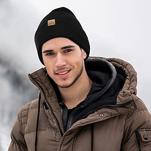 Mens Beanie Merino Wool Warm Hats for Women Men Knit Slouchy Double Layer Warm Cuffed Skull Beanie Skiing Skating Black
