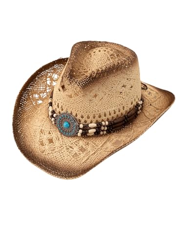 QWINEE Western Straw Cowboy Hat Cowgirl Hats Hollow Out Summer Beach Sun Hat for Women Men - color: Beige