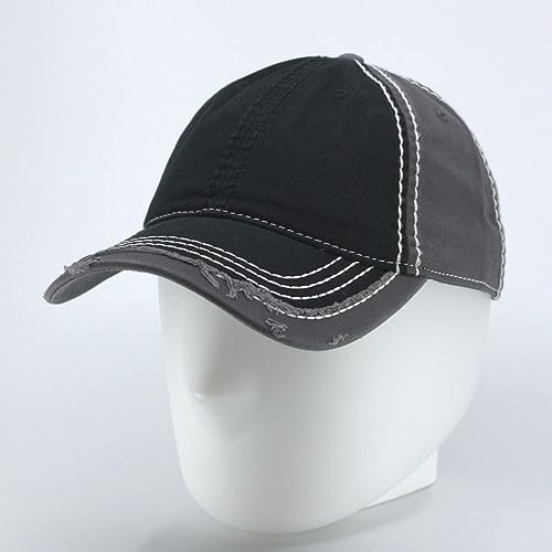 Washed Cotton Distressed with Heavy Stitching Adjustable Baseball Cap - color: Black/Black/Charcoal Gray