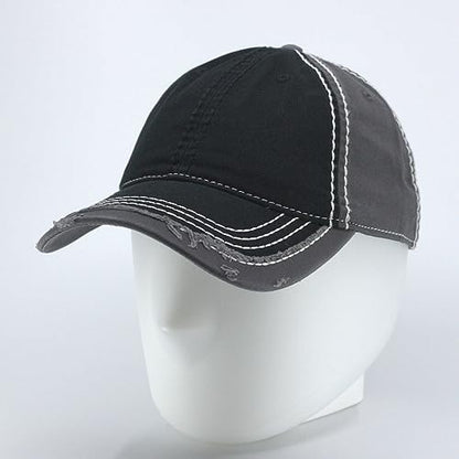 Washed Cotton Distressed with Heavy Stitching Adjustable Baseball Cap - color: Black/Black/Charcoal Gray