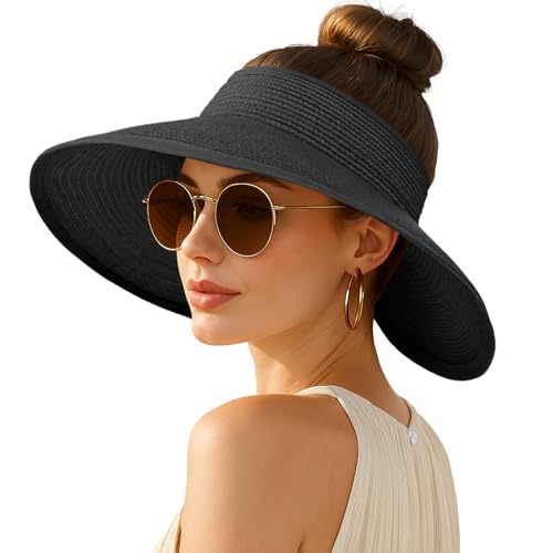 Women's Sun Visor Hats Wide Brim Straw Beach Hat Ponytail Hats for Women Foldable Floppy - color: 1pack-black