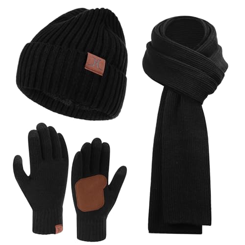 FZ FANTASTIC ZONE Mens Winter Beanie Hat and Scarf Touchscreen Gloves Sets - color: Black
