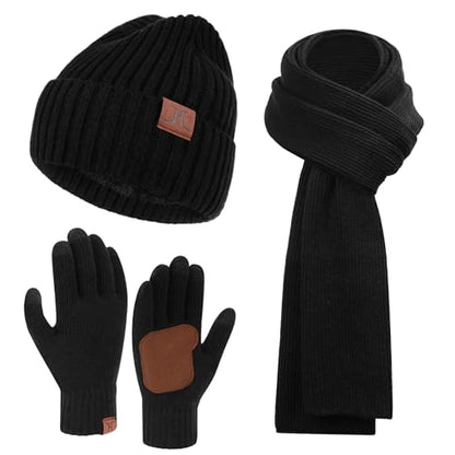 FZ FANTASTIC ZONE Mens Winter Beanie Hat and Scarf Touchscreen Gloves Sets - color: Black