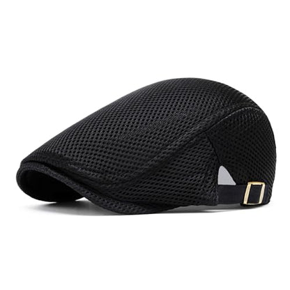meioro Mens Breathable Mesh Summer Hat Adjustable Flat Cap Newsboy Beret Ivy Cap Irish Cabbie Fishing Hats - color: Black
