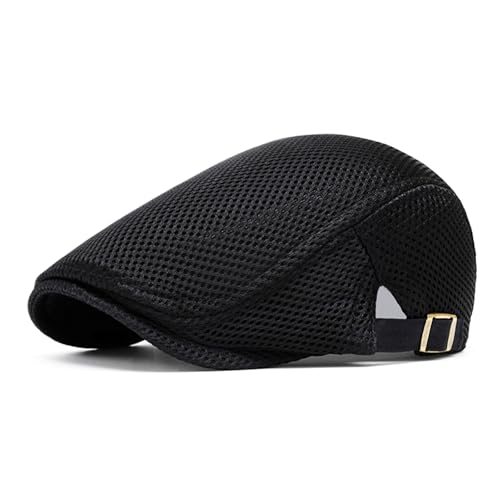 meioro Mens Breathable Mesh Summer Hat Adjustable Flat Cap Newsboy Beret Ivy Cap Irish Cabbie Fishing Hats - color: Black