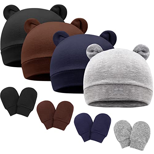 Newborn Baby Hats and Mittens Set Infant Bow Beanie Cap Toddler Gloves Newborn Hospital Hats for Baby Boy Girl 0-6 Months - color: 4 Sets A: Bear Ear Hats & Mittens Cc(0-3 Months), size: One Size
