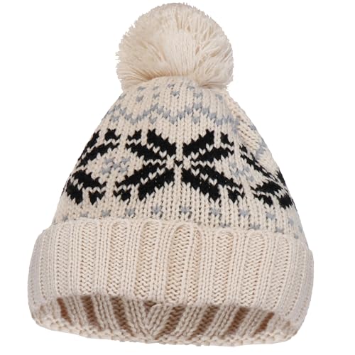 UTOWO Beanie Hat for Wome with Pom Pom Warm Winter Knit Hat for Adults Funny Novelty Christmas Snowflakes Hat - color: Beige