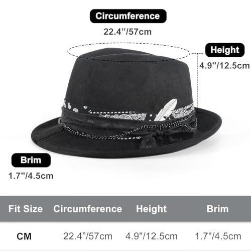 Fedora Trilby Hats for Men Women Handmade 1920s Classic Short Brim Hat with Feathers Unisex - color: Coal Black