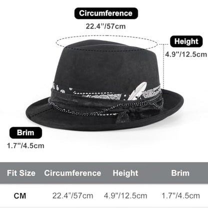 Fedora Trilby Hats for Men Women Handmade 1920s Classic Short Brim Hat with Feathers Unisex - color: Coal Black