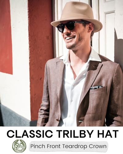 FURTALK Fedora Hats for Men Women Short Brim Felt Trilby Hat with Ribbon - color: Camel
