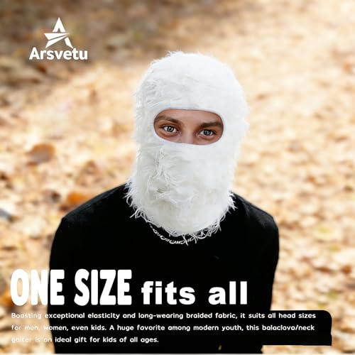 Distressed Ski Mask Balaclava, Yeat Shiesty Knitted Full-Face Mask - color: White