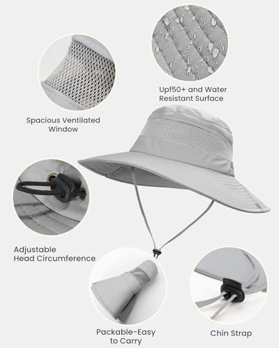 EW EastWater Beach Sun Bucket Hats for Women,UV Protection High Ponytail Hole UPF 50+ Waterproof for Hiking Safari Fishing - color: Light Grey
