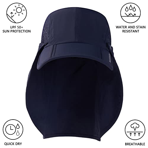 BASSDASH UPF 50+ Fishing Hat, Baseball Cap with Removable Neck Flap - color: Dark Blue With Foldable Brim