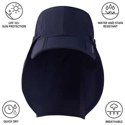 BASSDASH UPF 50+ Fishing Hat, Baseball Cap with Removable Neck Flap - color: Dark Blue With Foldable Brim