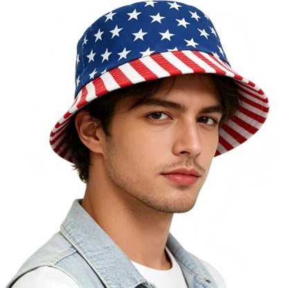 4th of July Bucket Hat for Women Men, Packable Sun Protection Beach Hat, Breathable Outdoor Cap Blue