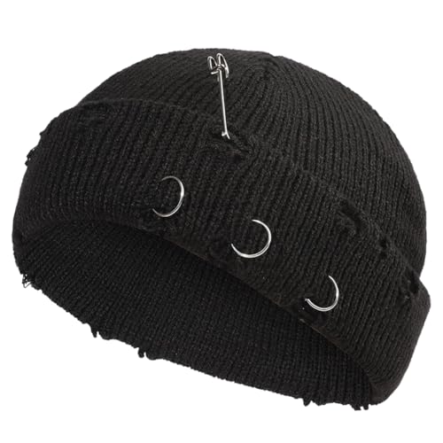 Distressed Ring Beanie Hat for Women Men Slouchy Skull Cap - color: Black