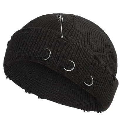Distressed Ring Beanie Hat for Women Men Slouchy Skull Cap - color: Black