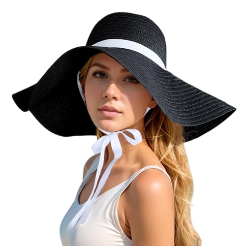 Oversized Beach Straw Hats for Women Floppy, Extra Large Sun Visor Hat Wide Brim Summer Roll Up Big Beach Hat Women Foldable - color: Diameter 50cm Black-2