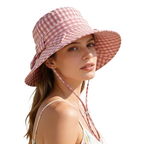 Women's Summer Plaid Sun Hat 100% Cotton Beach UV Protection Fishing Hat - color: Pink
