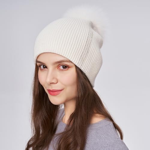Women's Knitted Angora Wool Hat for Autumn and Winter Warm and Stylish with Rolled Brim and Slanted Rhinestones Cap - color: A-white