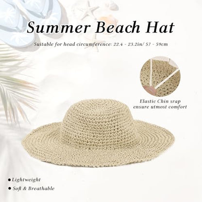 Womens Wide Brim Straw Sun Hat, Floppy Summer Straw Beach Hats, Foldable Crochet Summer Travel Beach Sun Cap - color: Beige