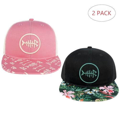 BASSDASH 2 Pack Flat Brim Trucker Cap Adjustable Snapback Hat Mesh Back for Men Women Fishing Hunting - color: Pack of 2, Pink & Black/Tropical Flower