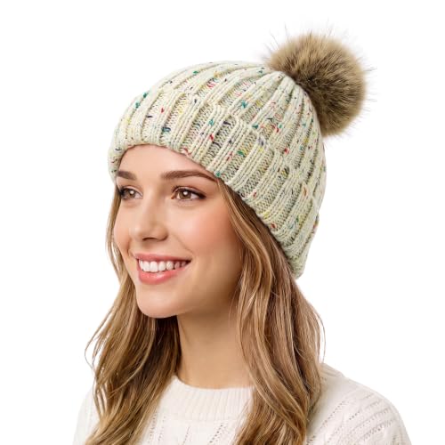 Satin Lined Beanie for Women with Detachable Pom Pom, Winter Cuffed Hat - color: 06 Mix Beige
