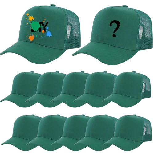 ZH 12 Pack Seamless Mesh Back Baseball Caps, 5 Panel Trucker Hats Bulk for Men and Women，Blank Caps - color: Dgreen