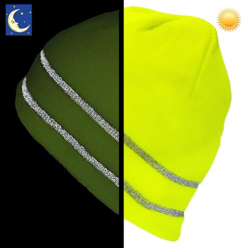 Gelante High Visibility Reflective Safety Knit Beanie for Men & Women – Warm Winter Headwear for Outdoor Activities. - color: Neon Yellow