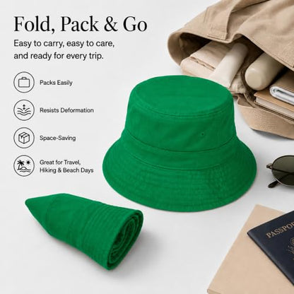 Cotton Bucket Hat Packable Beach Sun Hat for Women Men - color: Green