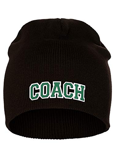 I&W Sports Team Coach Arch Letters Winter Knit Cuffless Beanie 3D Raised Layers - color: Brown Beanie White Green